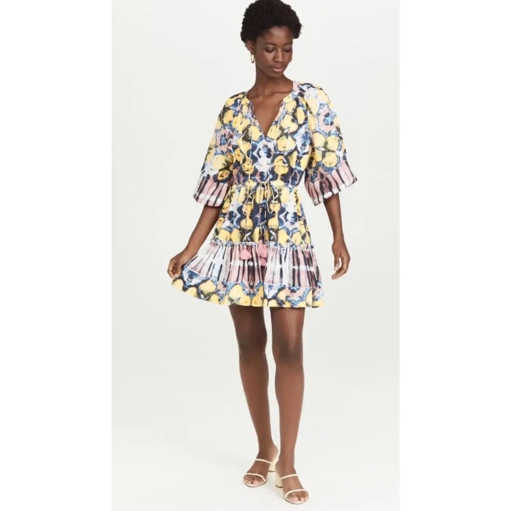 Alexis Kasi 100% Cotton‎ Abstract Puff Sleeve Tassle Mini Dress Citrine M Summer